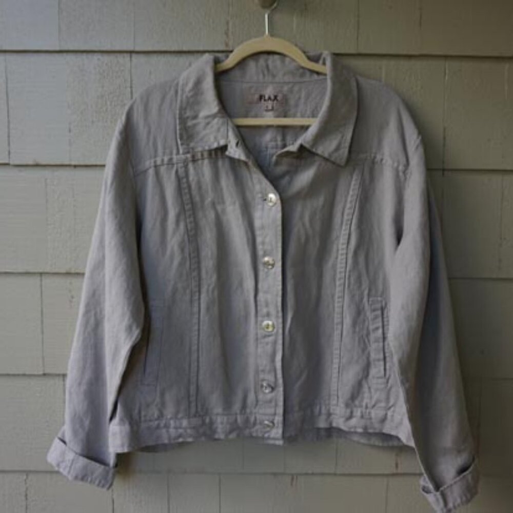 FLAX Brand "Denim" Crop Gray Jacket Linen/Cotton VGUC Size L (XL)